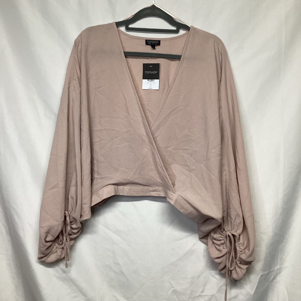 🆕 Top Shop Low V Neck Faux Wrap Balloon Sleeve Top 14 - Picture 2 of 9